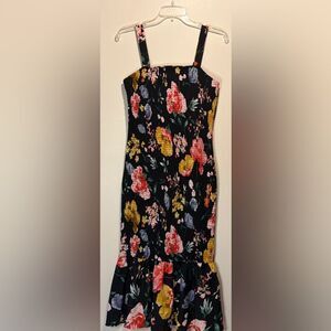 Pretty Garden Black + Colorful Floral Smocked Ruffle Hem Maxi Dress Size M